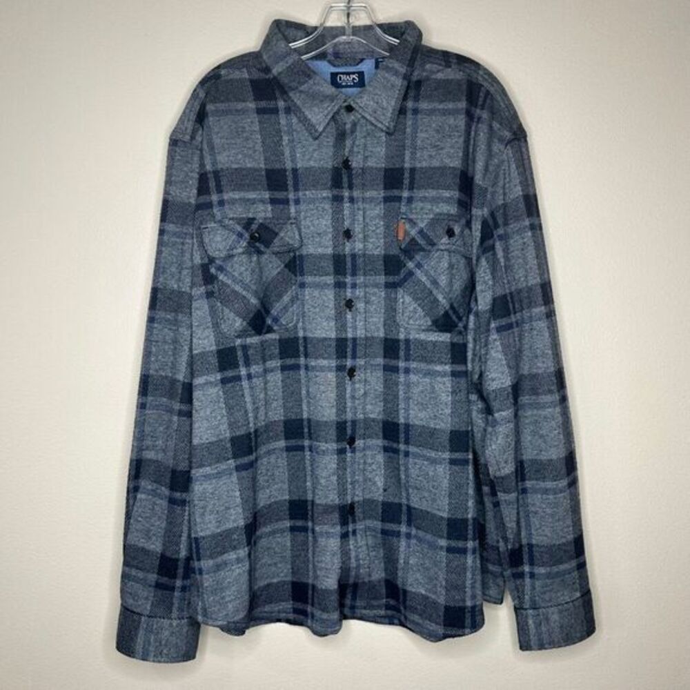 Chaps Men's Flannel  Button Down Shirt The Lakeland Knit Shirt Blue‎ Size XXL